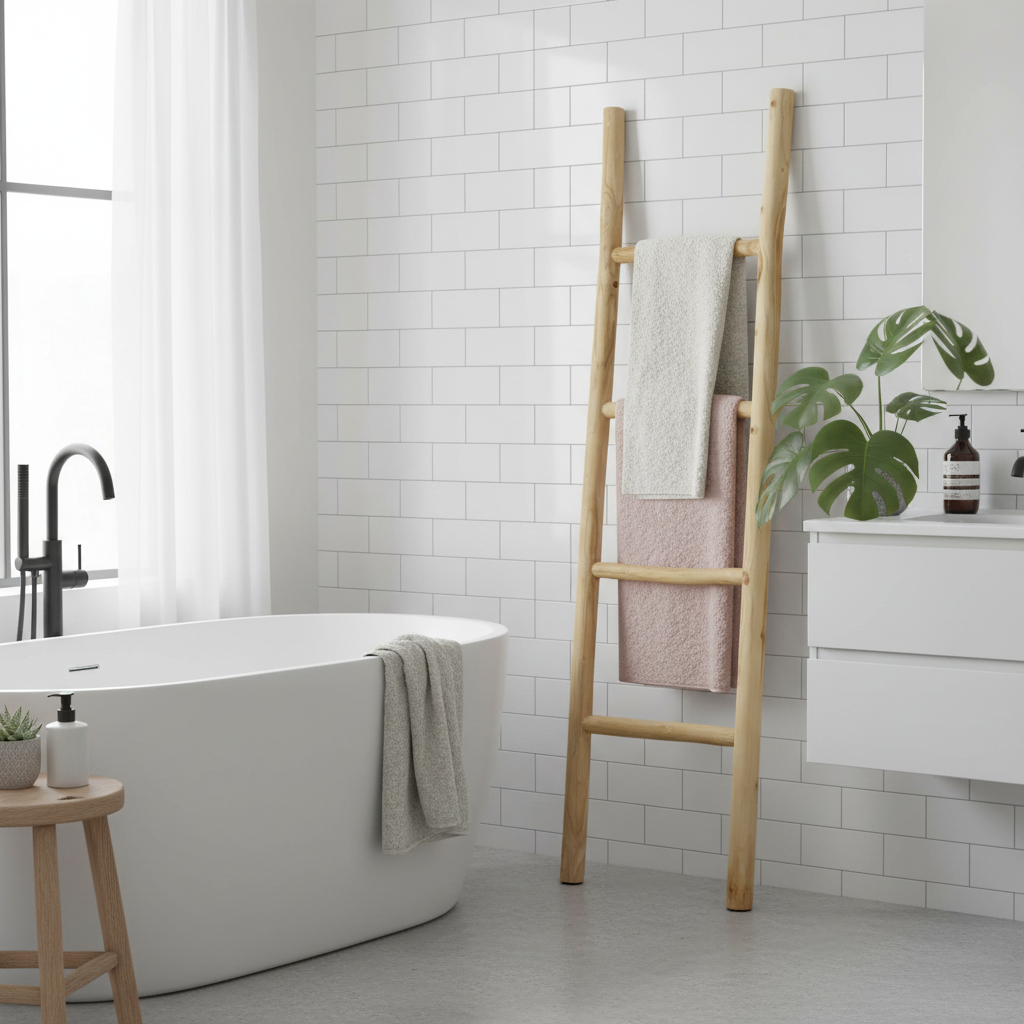 Scala porta asciugamani in legno pregiato TEAKé in bagno moderno luminoso, design sostenibile.