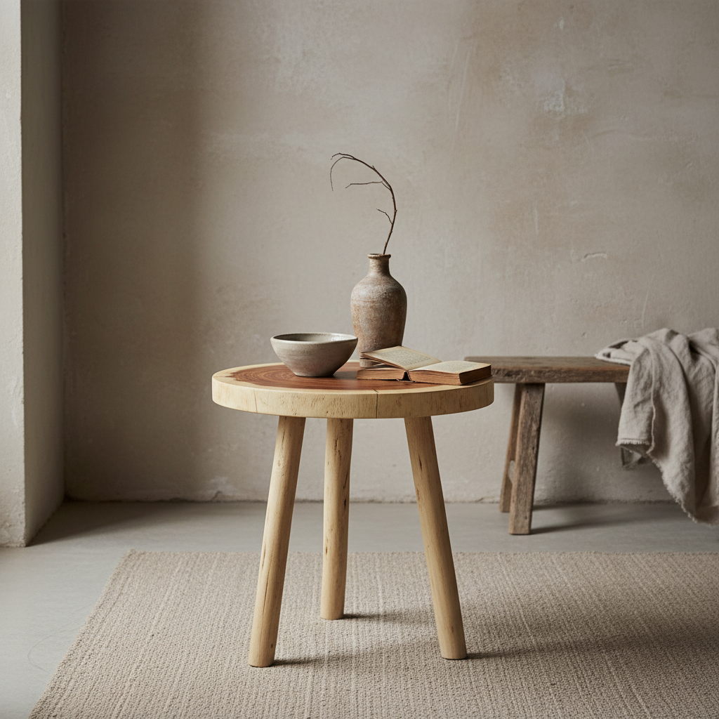 Tavolino in legno massello stile wabi-sabi TEAKé con vaso rustico, ciotola e libro, ambiente minimalista