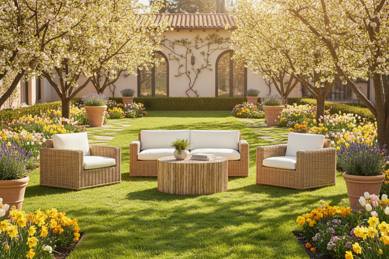 Set Dallas con tavolino Tolino in giardino primaverile