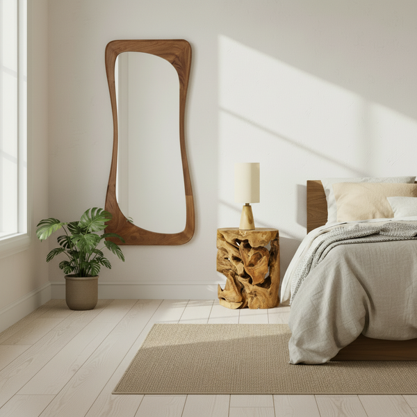 Specchio Bayu con sgabello Gilbert e lampada Altea – quadrata