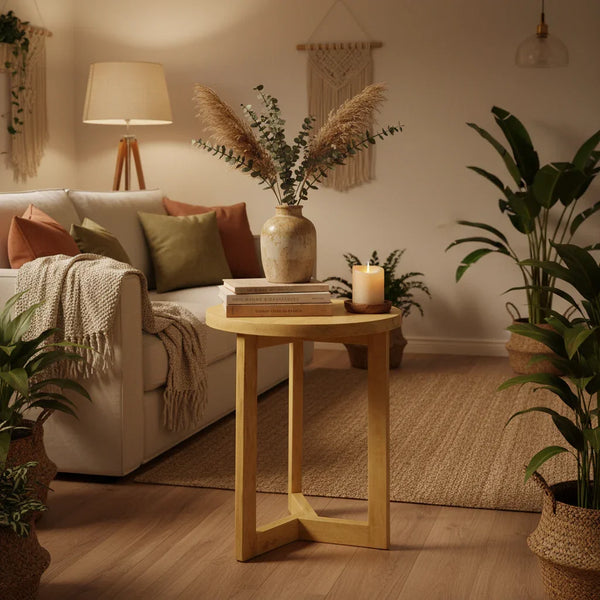 Tavolino in legno naturale TEAKé con vaso decorativo, libri e candela in salotto moderno
