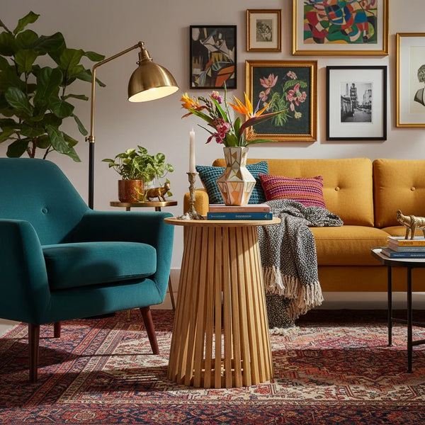 Tavolino in legno design moderno TEAKé in salotto colorato, arredamento sofisticato ed eclettico.