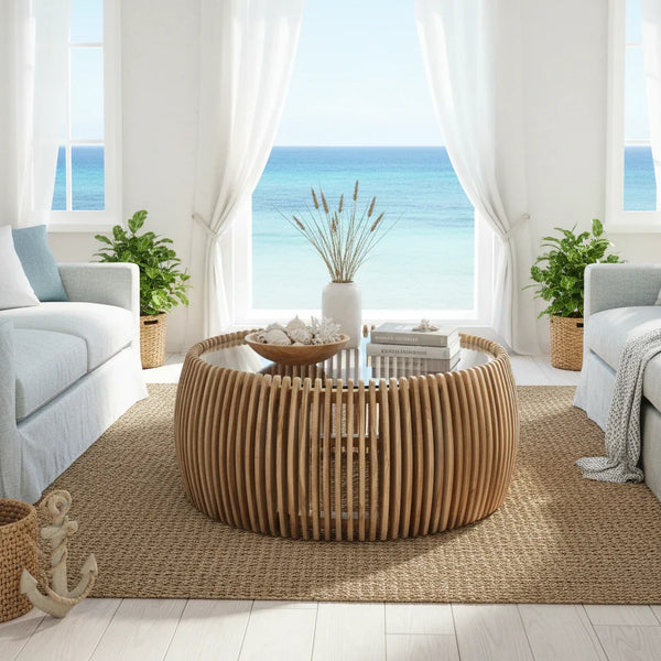 Tavolino design in legno pregiato TEAKé, ambiente coastal luminoso vista mare, arredamento naturale
