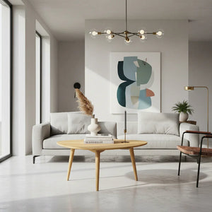 Tavolino in legno chiaro stile urban contemporaneo in salotto moderno luminoso TEAKé