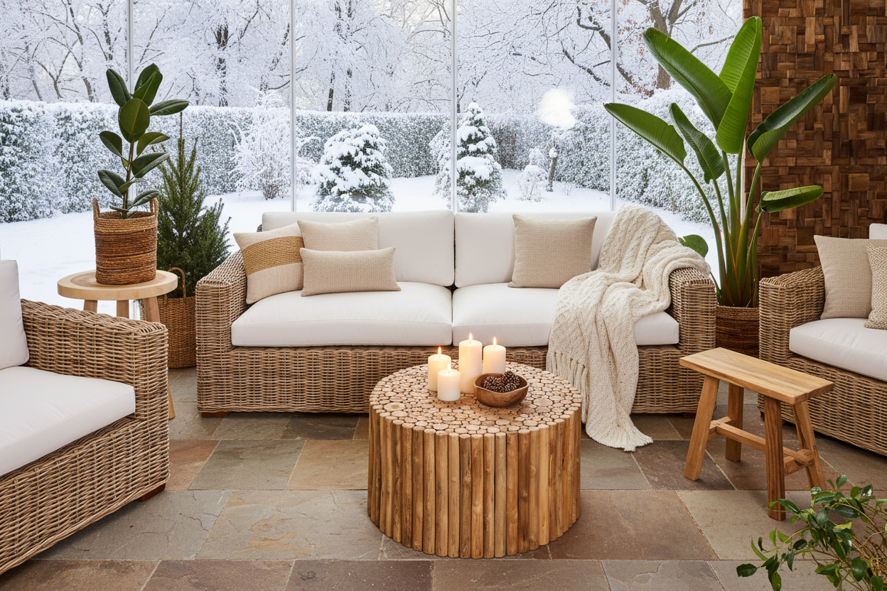 Terrazza vetrata invernale con neve - vista 1